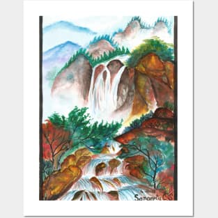 Waterfall over the mountains ink painting Posters and Art